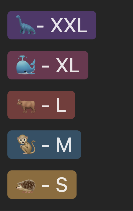 Effort sizes XXL to S